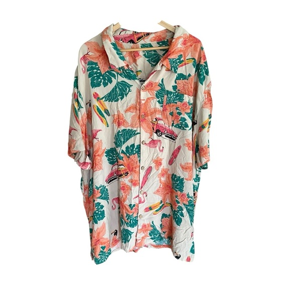 Hawaiian Mens Shirt KS Island flamingo Green Orange Floral Short Sleeve 4X - Picture 1 of 13